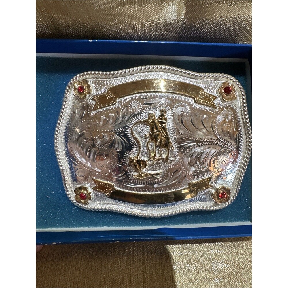 western rodeo belt buckle With Red Stones Made In Mexico